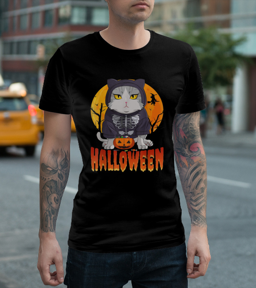 HALLOWEEN CAT SKELETON PUMPKIN MOON WITCH T-Shirt