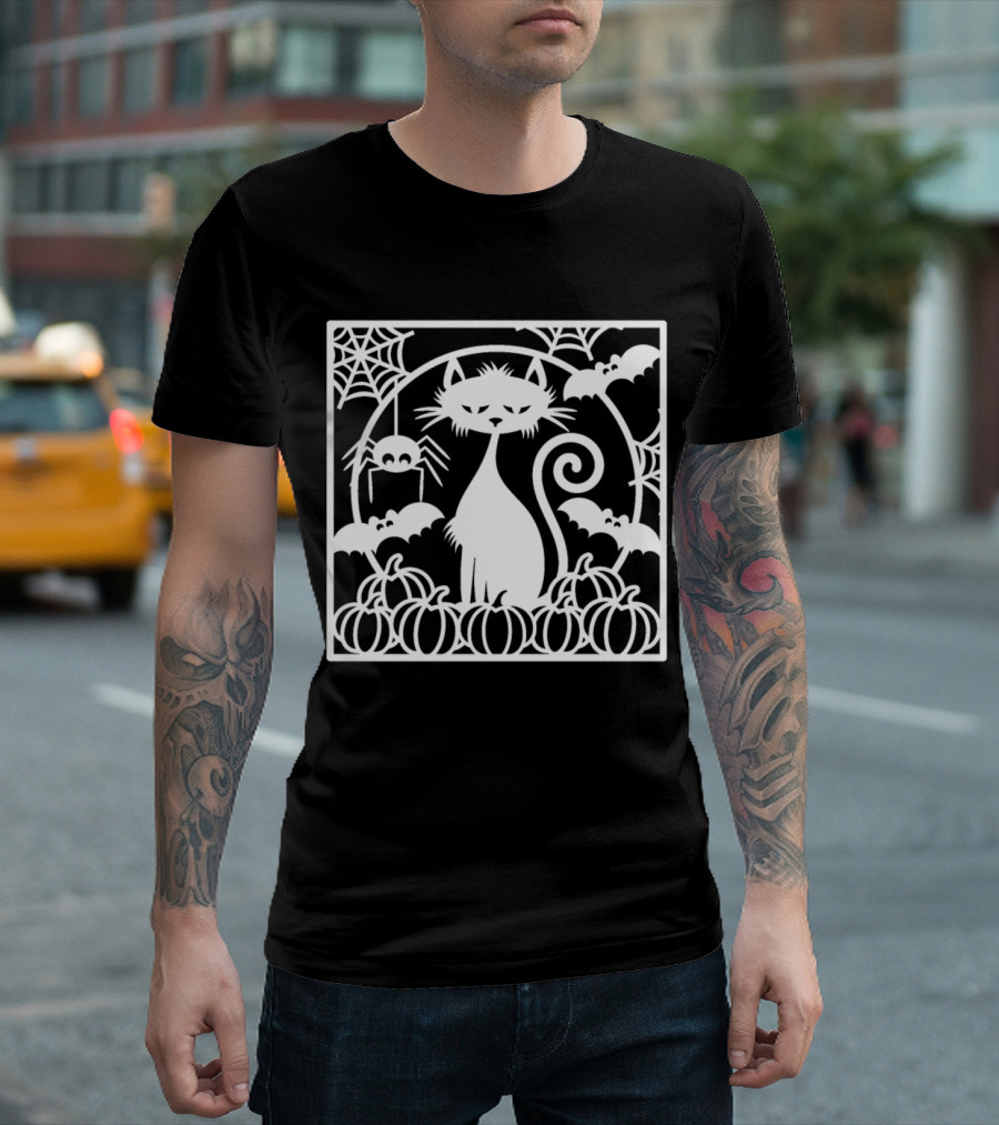 Halloween Cat with Spider Webs Bats Pumpkins T-Shirt