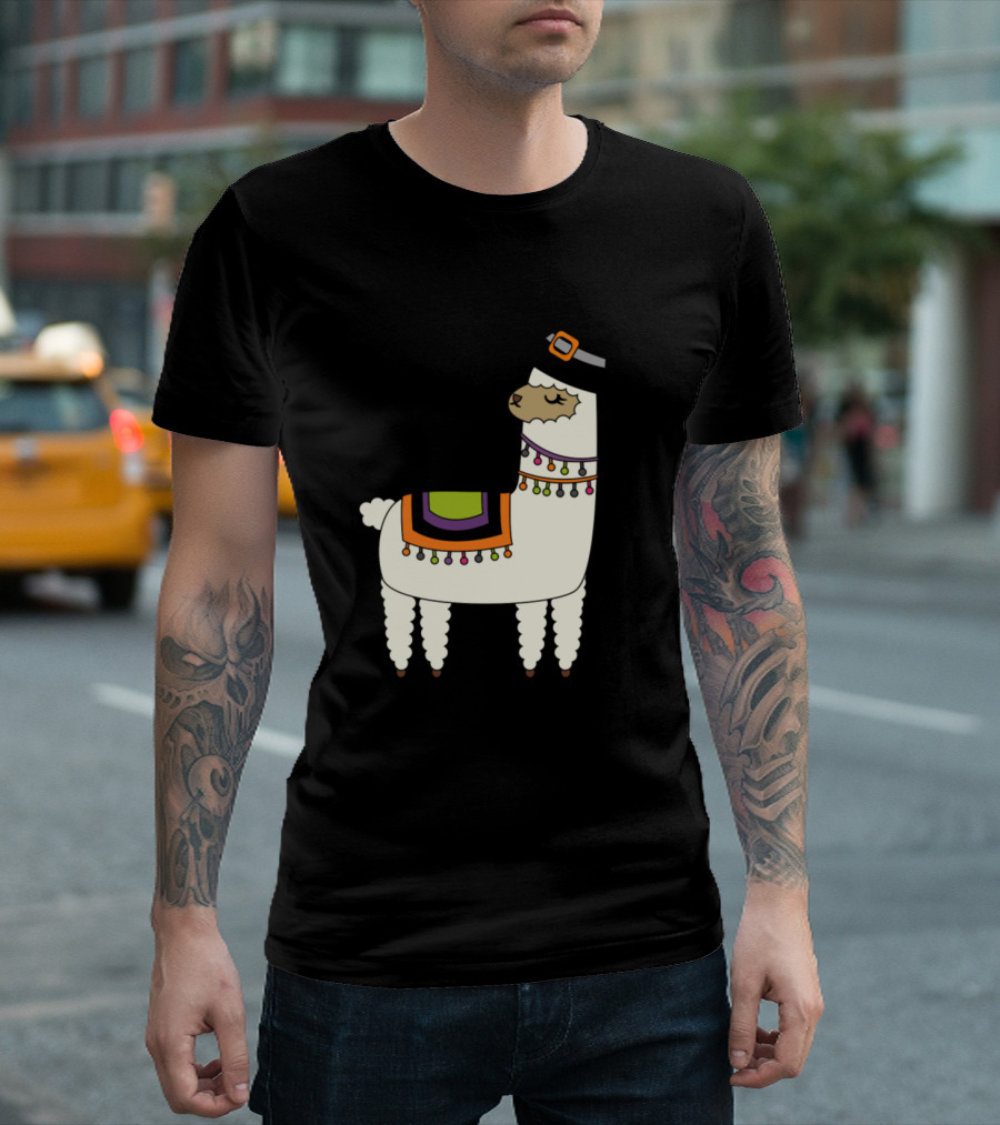 Halloween Llama in Witch Hat with Colorful Blanket and String Lights T-Shirt