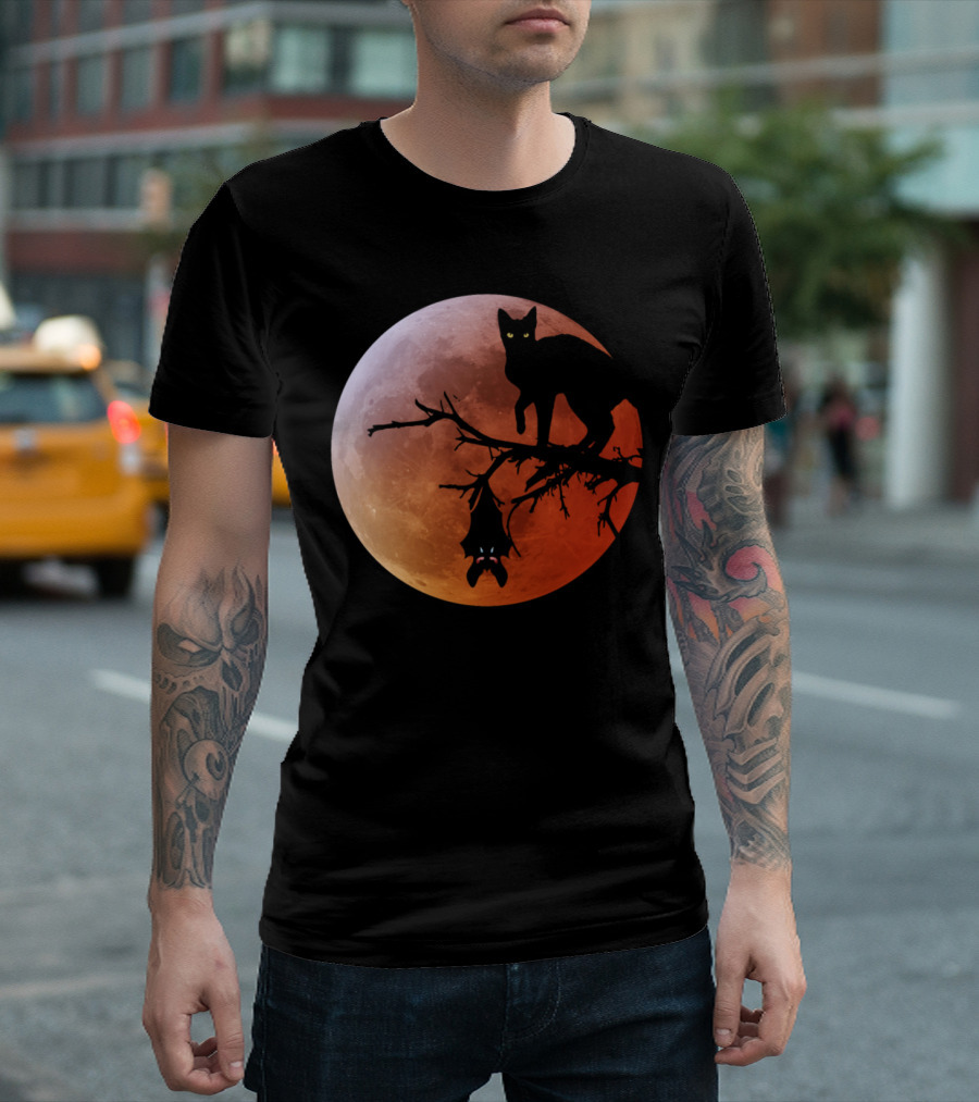 Halloween Full Moon Cat and Bat T-Shirt