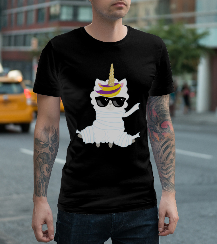 Halloween Mummy Unicorn Sheep with Sunglasses T-Shirt