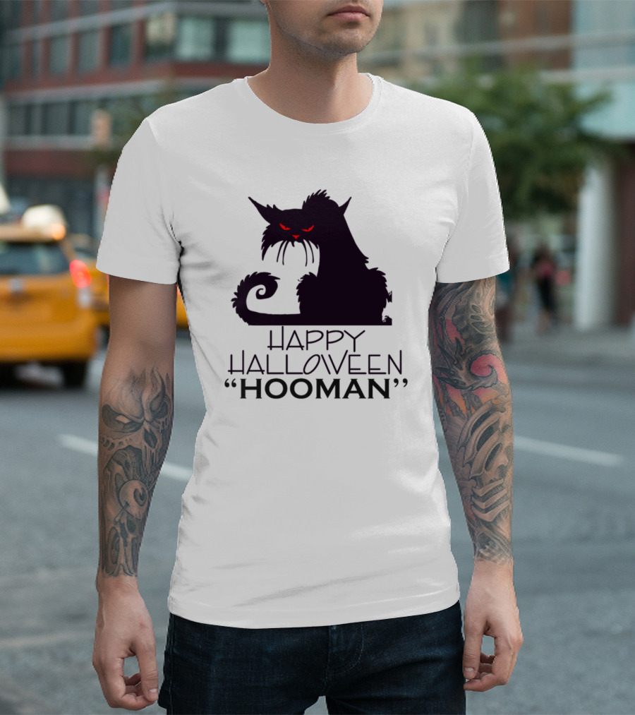 HAPPY HALLOWEEN Hooman Creepy Cat With Red Eyes T-Shirt