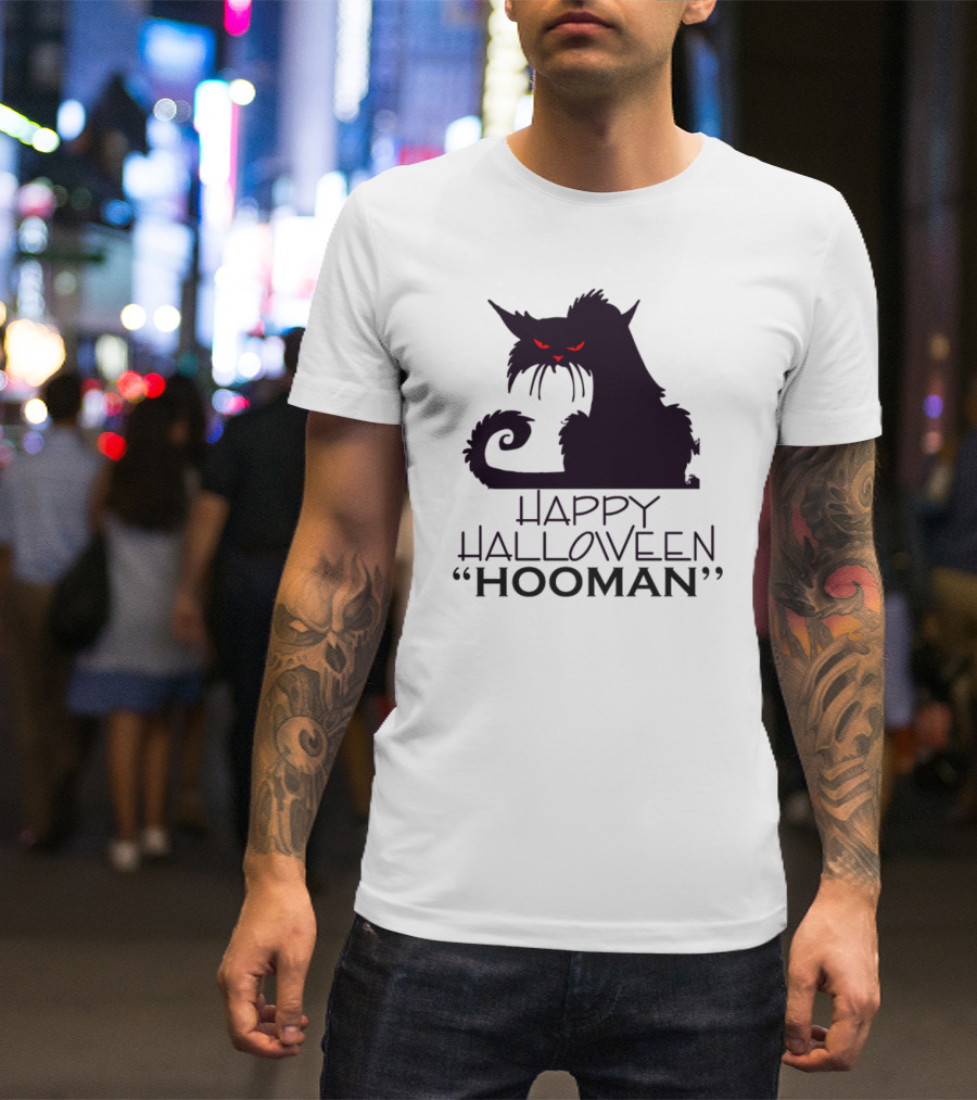HAPPY HALLOWEEN Hooman Creepy Cat With Red Eyes T-Shirt