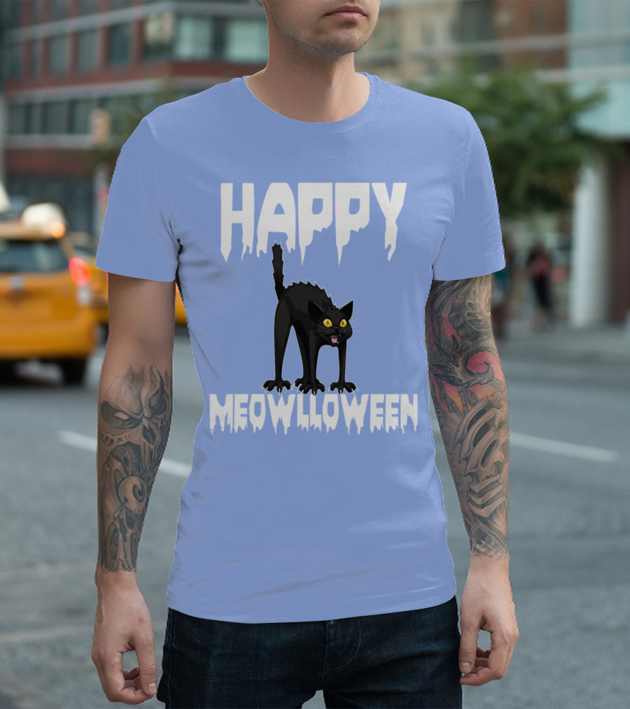 Happy Meowlloween Funny Halloween Horror Scary Black Cat T-Shirt
