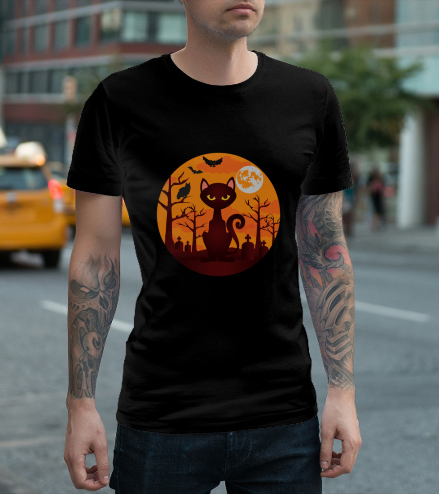 Orange Moon Halloween Cat Graveyard Bat T-Shirt