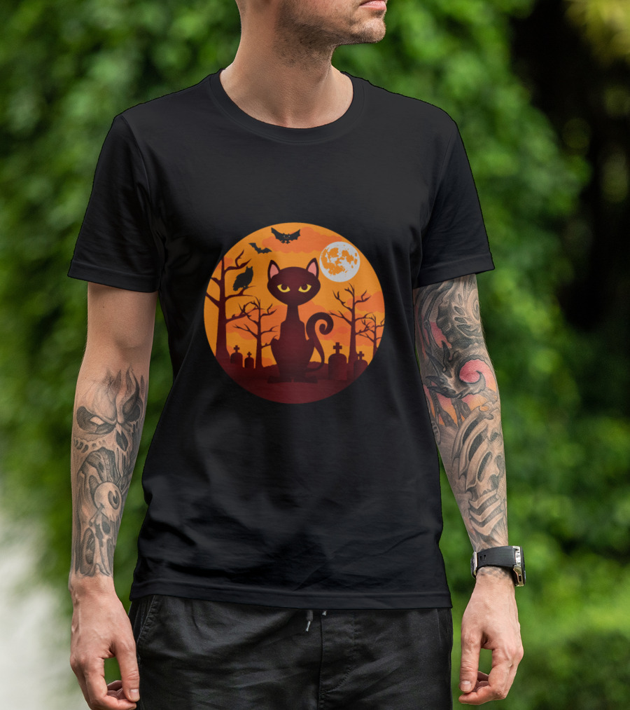 Orange Moon Halloween Cat Graveyard Bat T-Shirt