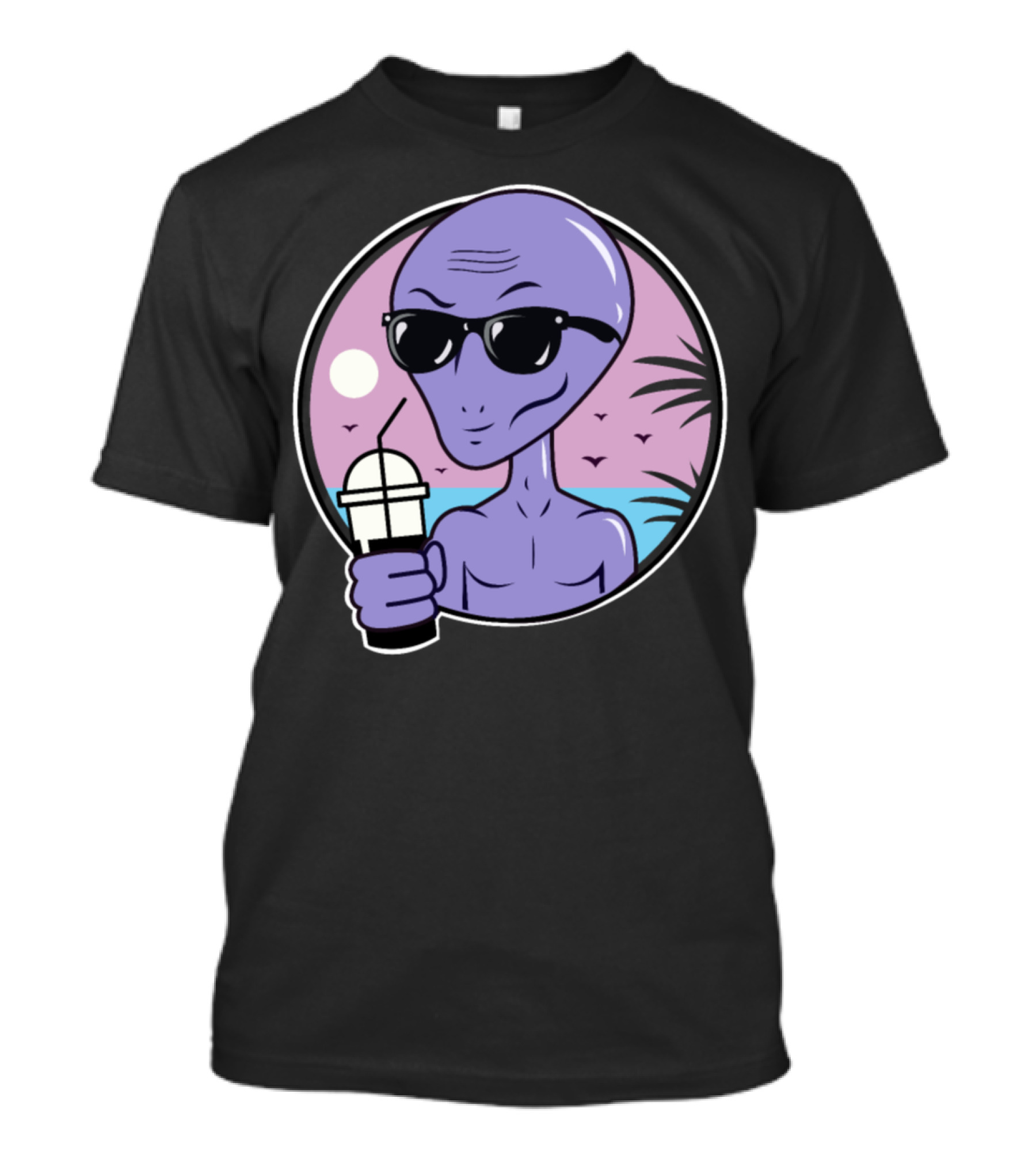 Area 51 Alien With Sunglasses Drinking Coffee By The Beach T-Shirt