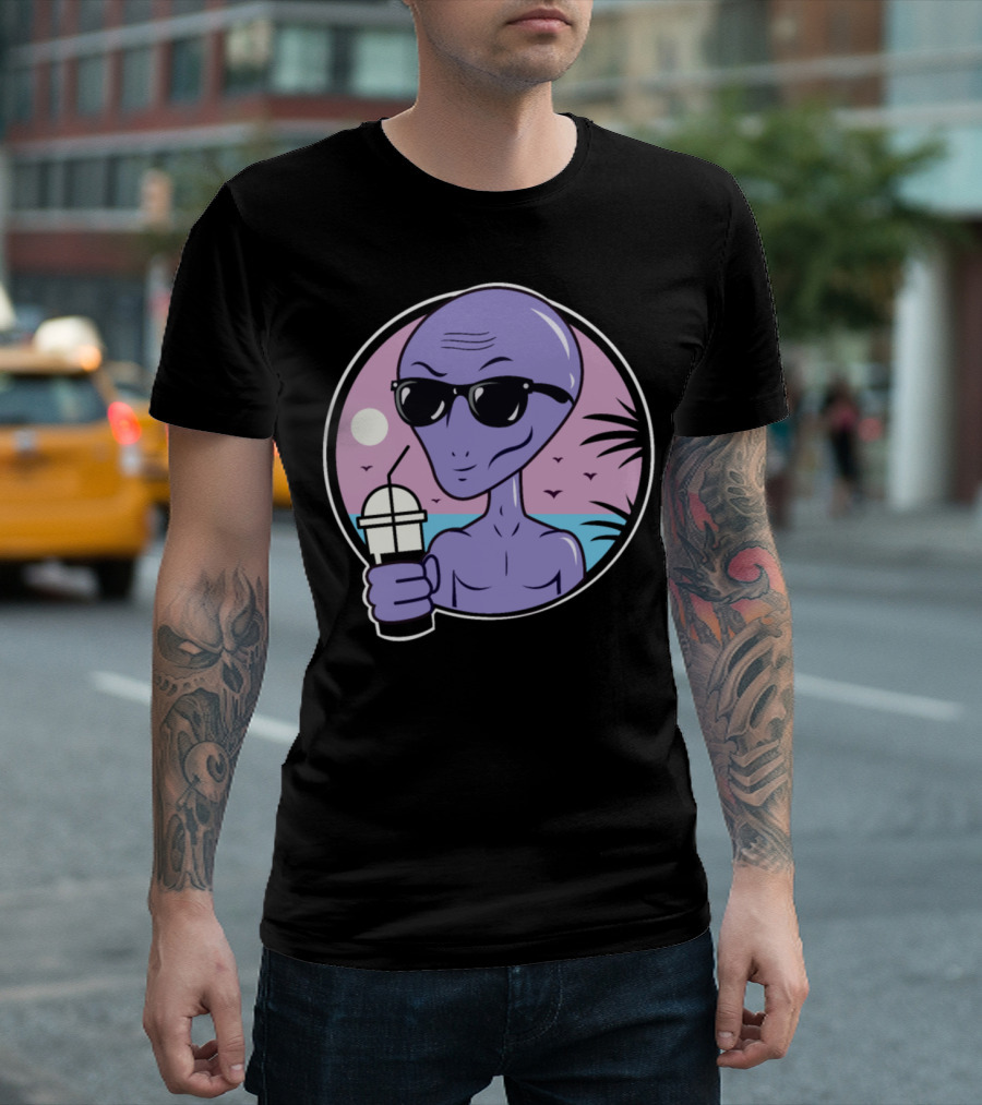 Area 51 Alien With Sunglasses Drinking Coffee By The Beach T-Shirt