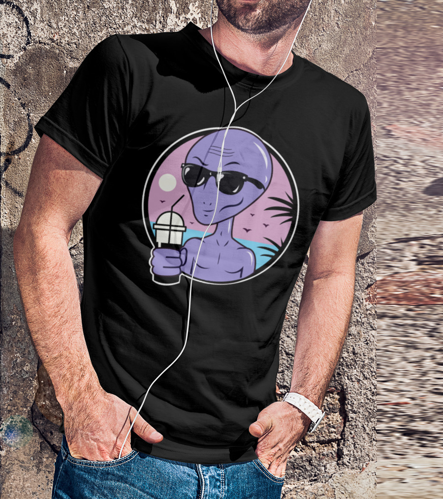Area 51 Alien With Sunglasses Drinking Coffee By The Beach T-Shirt