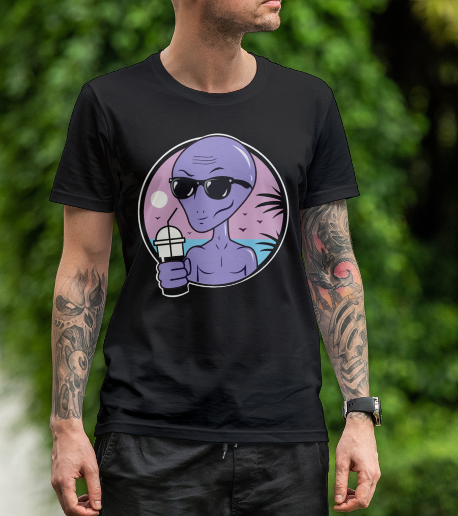 Area 51 Alien With Sunglasses Drinking Coffee By The Beach T-Shirt