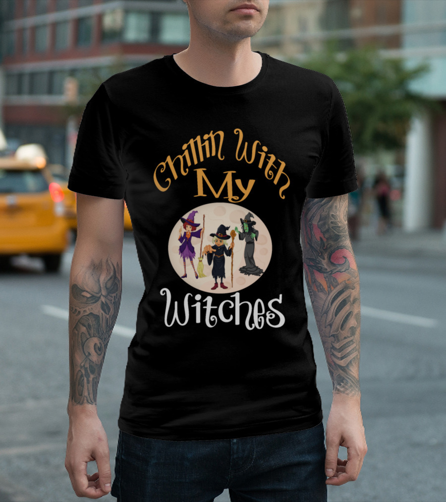 Chillin With My Witches Trio Halloween Moon Scene T-Shirt