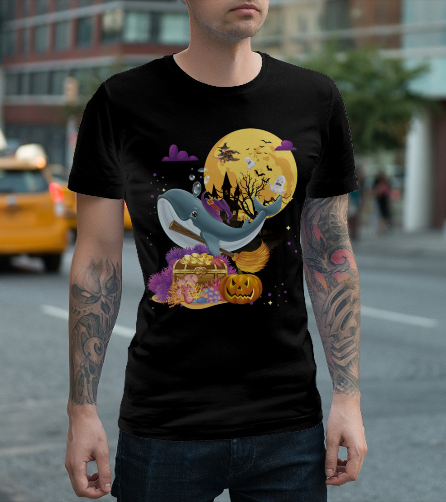 Blue Whale Witch Broom Halloween Moon Pumpkin Ghosts T-Shirt