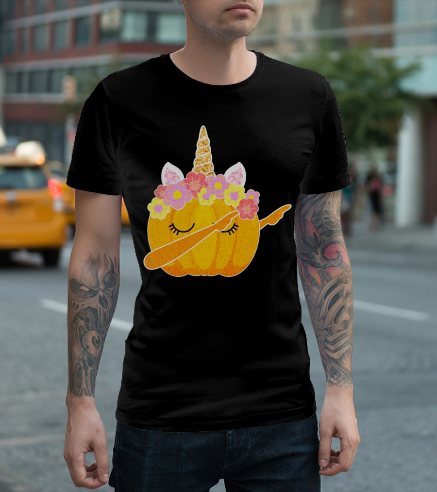 Cute Halloween Dabbing Pumpkin Unicorn with Floral Crown T-Shirt