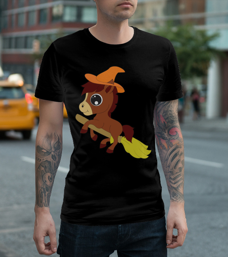 Cute Halloween Pony Horse in Witch Costume Riding Broomstick T-Shirt