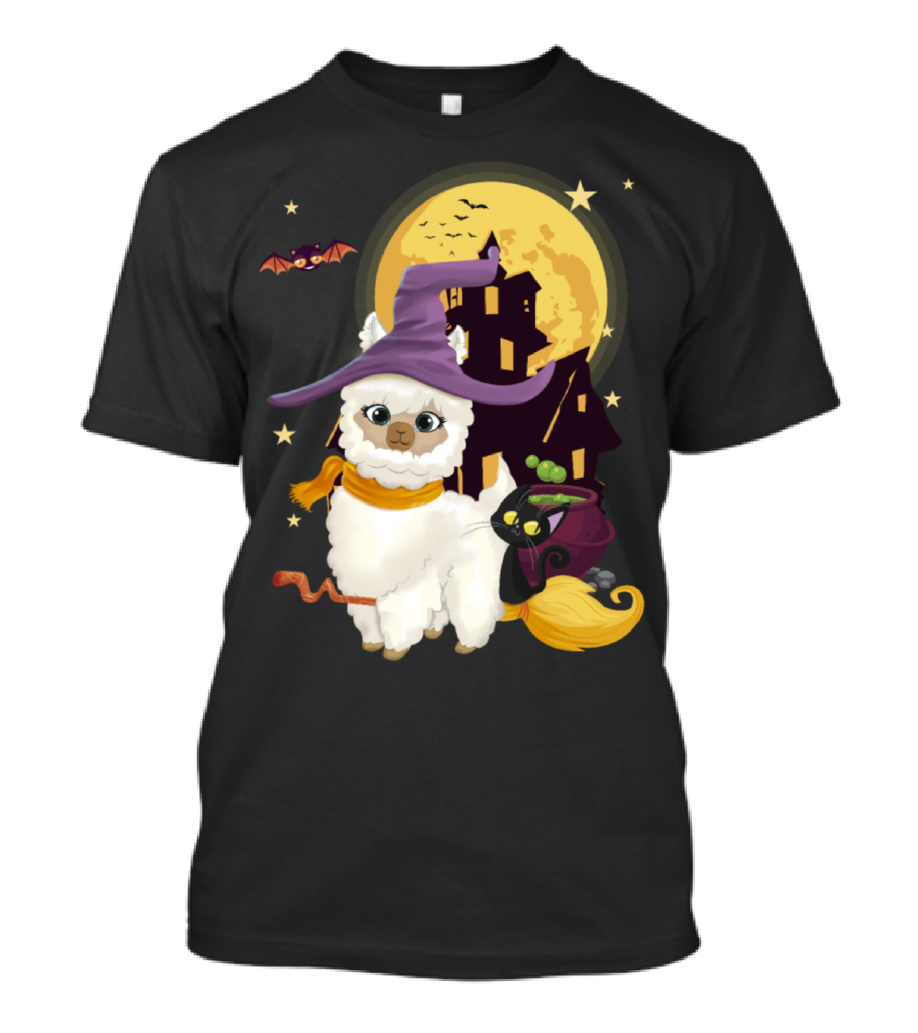 Mama Llama Witch Pumpkin Broom With Cat And Bat Halloween Scene T-Shirt
