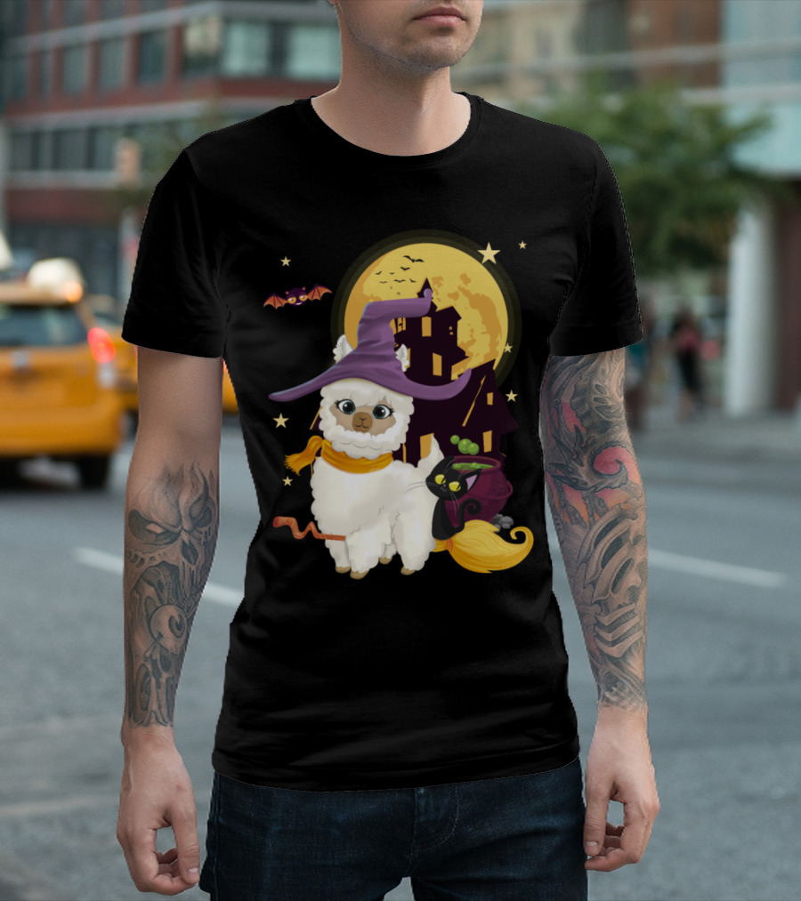 Mama Llama Witch Pumpkin Broom With Cat And Bat Halloween Scene T-Shirt