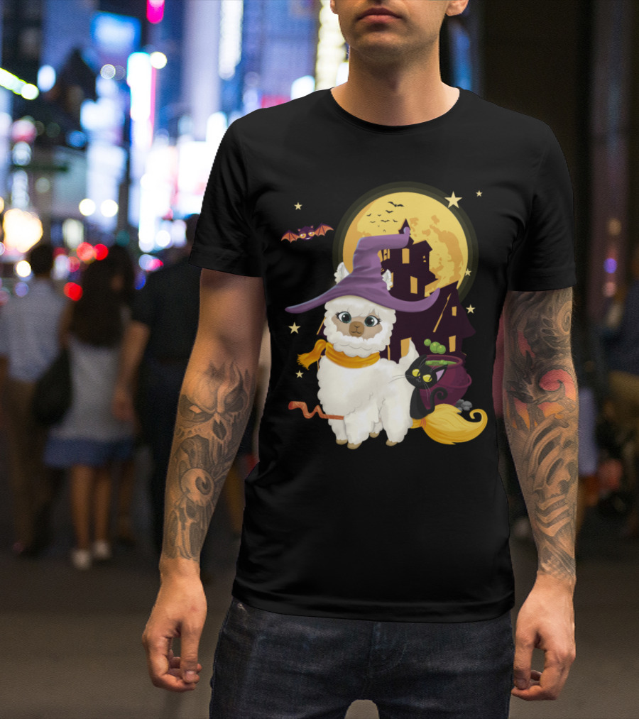 Mama Llama Witch Pumpkin Broom With Cat And Bat Halloween Scene T-Shirt