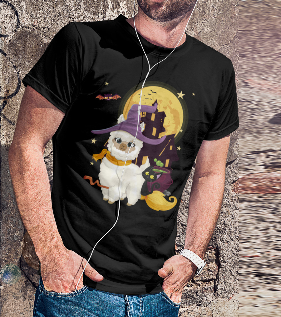 Mama Llama Witch Pumpkin Broom With Cat And Bat Halloween Scene T-Shirt