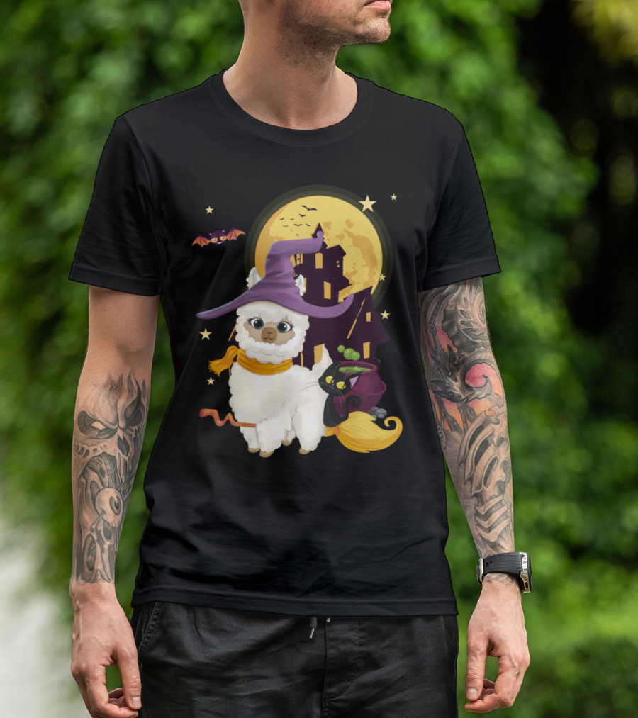 Mama Llama Witch Pumpkin Broom With Cat And Bat Halloween Scene T-Shirt
