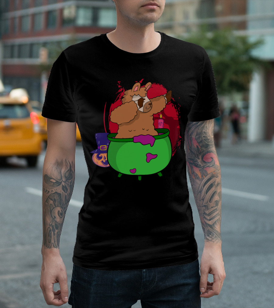Dabbing Halloween Alpaca Llama in Cauldron with Witch Hat and Candle T-Shirt