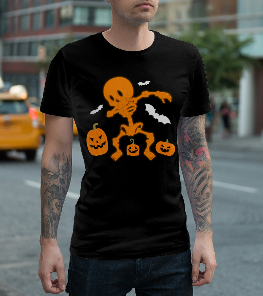 Halloween Dabbing Skeleton with Pumpkins and Bats T-Shirt