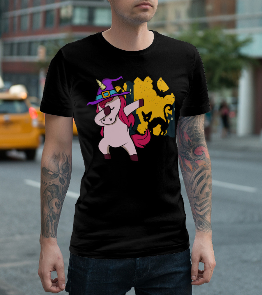 Halloween Dabbing Unicorn Witch with Bat and Cat T-Shirt