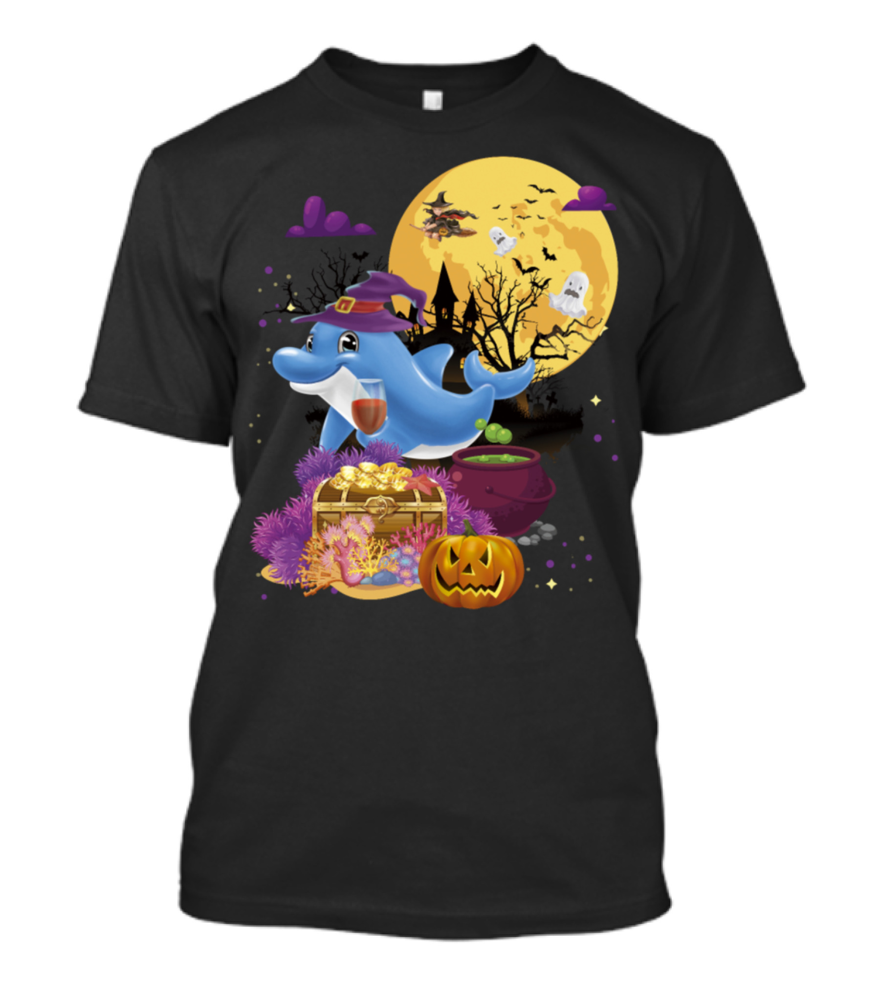Dolphin With Witch Hat Broomstick And Pumpkin Halloween Scene T-Shirt