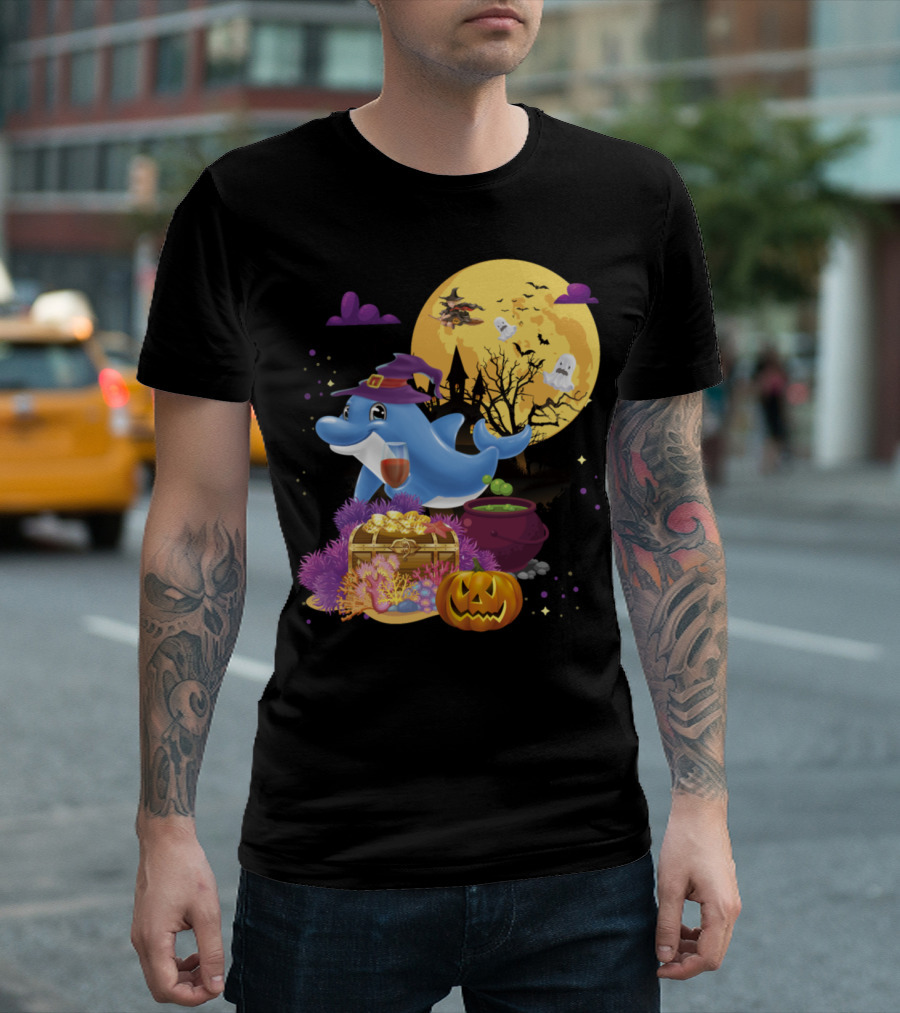 Dolphin With Witch Hat Broomstick And Pumpkin Halloween Scene T-Shirt
