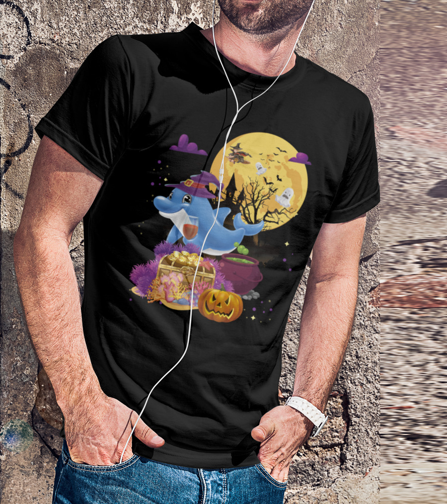 Dolphin With Witch Hat Broomstick And Pumpkin Halloween Scene T-Shirt
