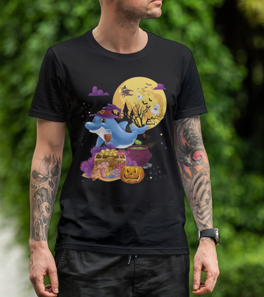 Dolphin With Witch Hat Broomstick And Pumpkin Halloween Scene T-Shirt