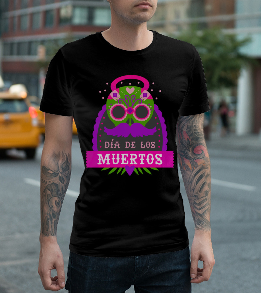 Día De Los Muertos Calavera Purple Mustache Halo Hearts T-Shirt