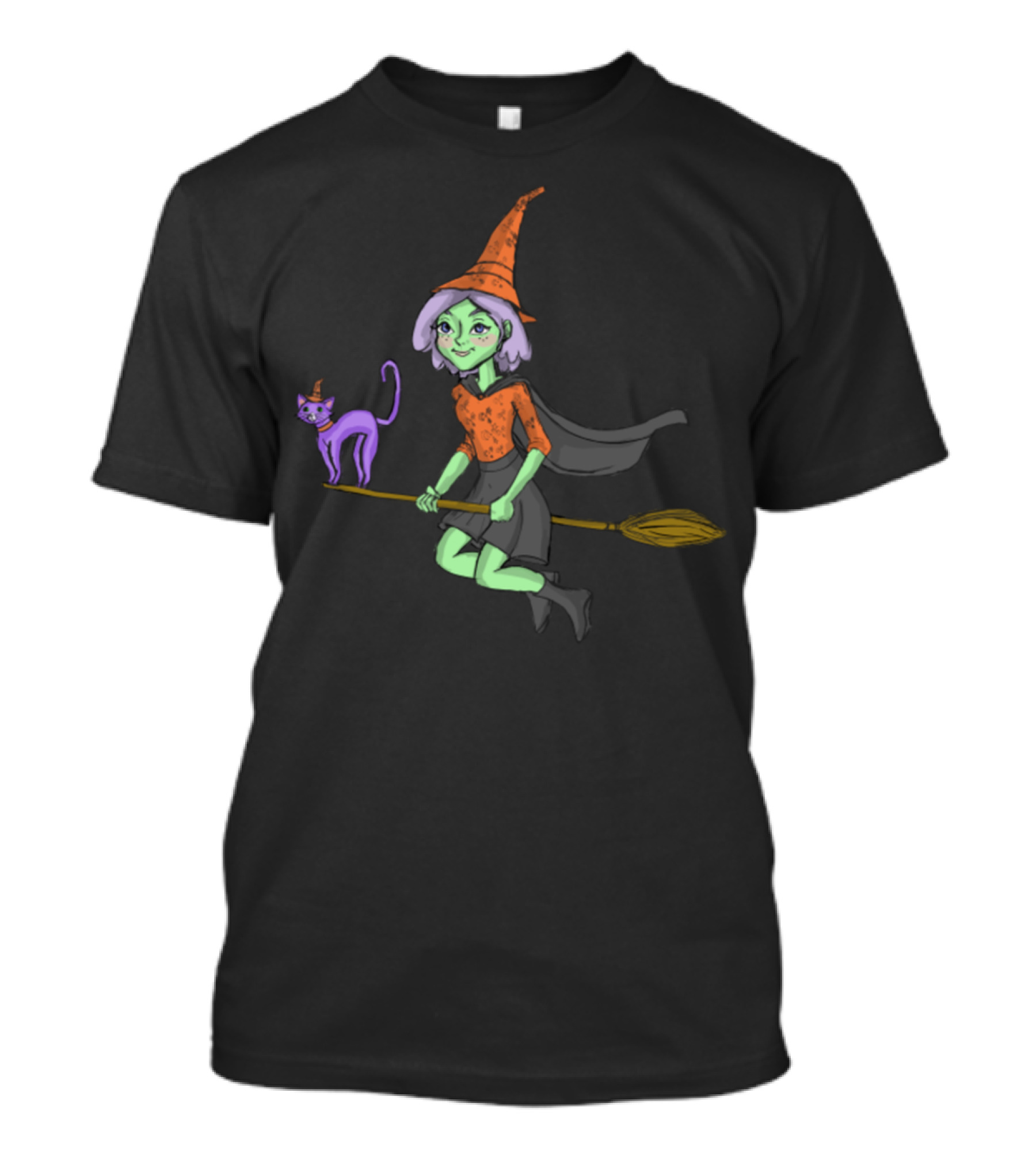 Friendly Halloween Witch Flying With Purple Cat T-Shirt