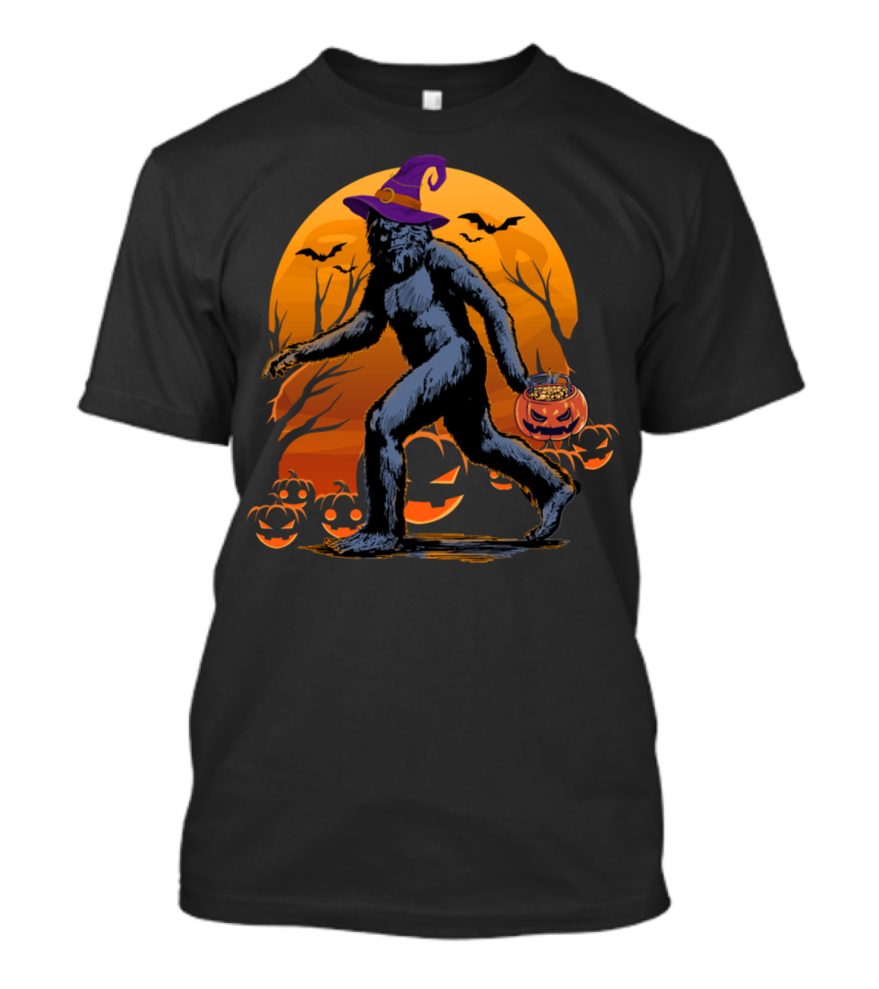 Bigfoot Sasquatch Halloween Witch Hat Pumpkin Moon Bats T-Shirt