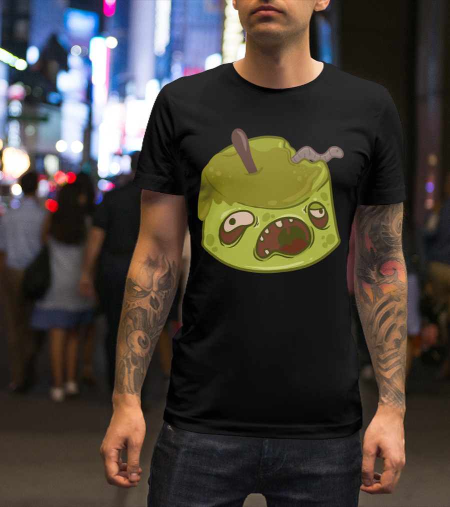 Funny Halloween Zombie Wormy Green Apple T-Shirt