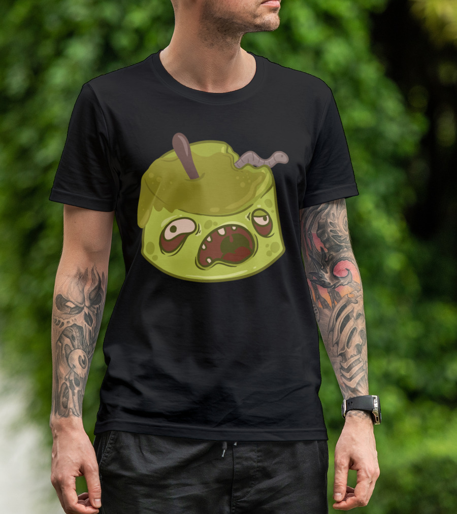 Funny Halloween Zombie Wormy Green Apple T-Shirt