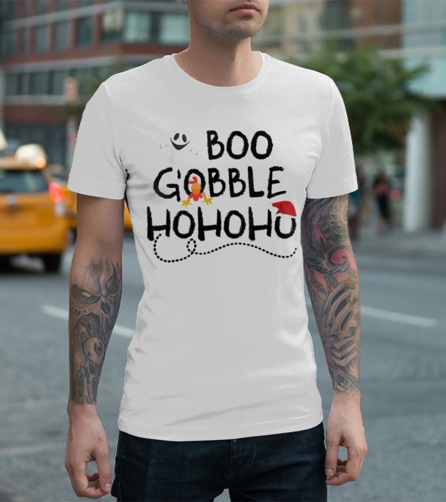 BOO Gobble Ho Ho Ho Turkey Ghost Santa Hat T-Shirt