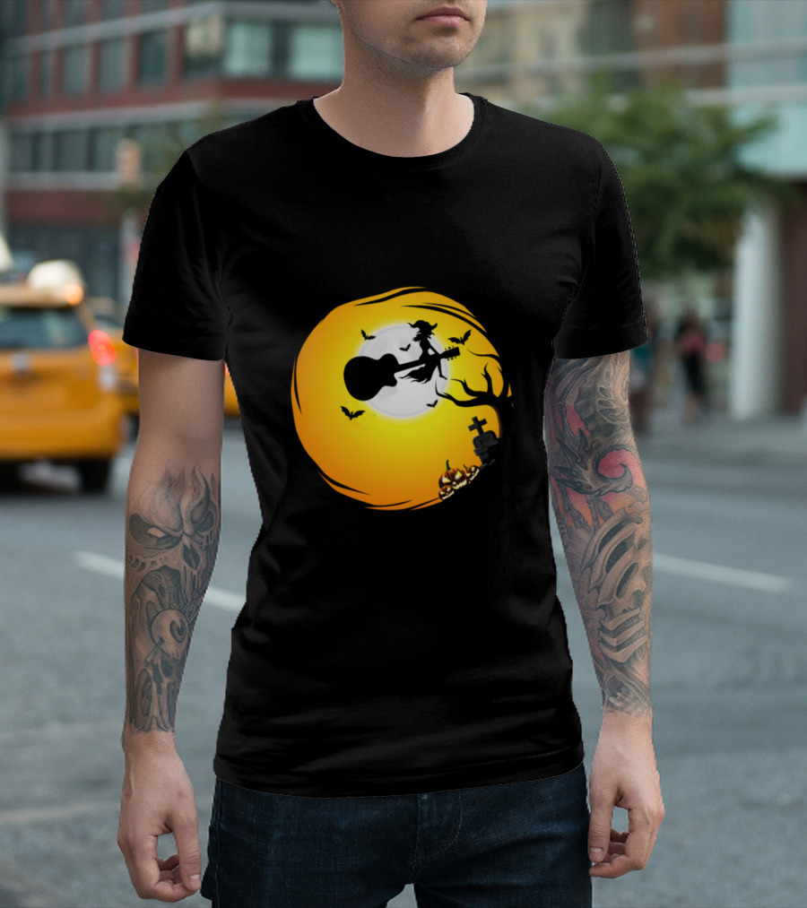 Guitar Witch Not Only Because The Broom Is Broken Moon Silhouette Bats Grave Pumpkin T-Shirt