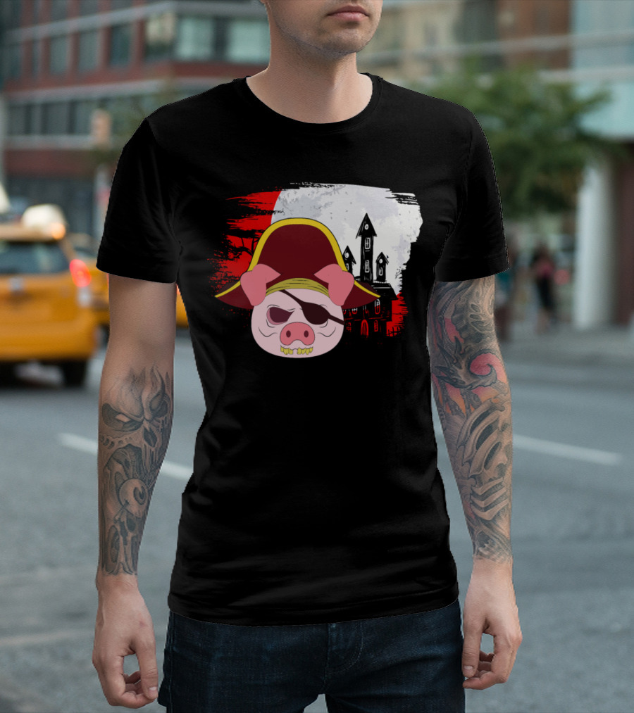 Halloween Scary Pirate Pig with Haunted House Background T-Shirt