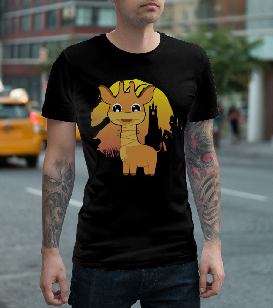 Halloween Animals Cute Mummy Giraffe Sunset Haunted House T-Shirt