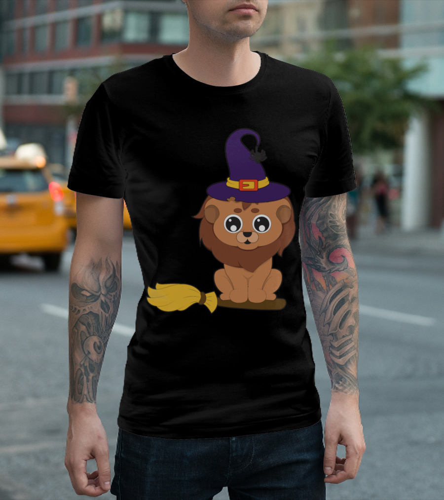 Halloween Animals Lion Witch Broomstick Hat T-Shirt