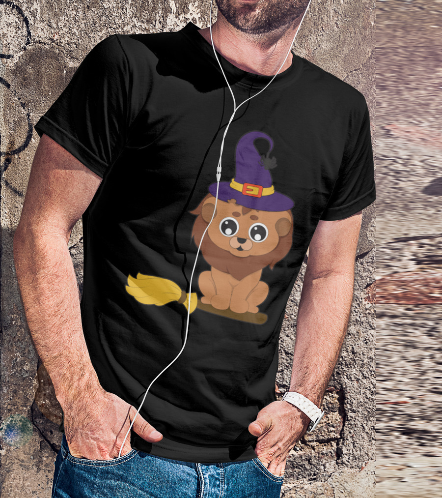 Halloween Animals Lion Witch Broomstick Hat T-Shirt
