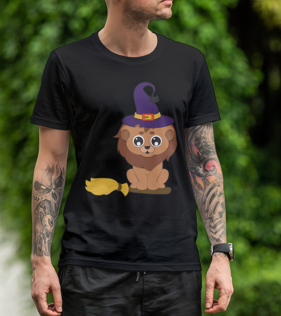 Halloween Animals Lion Witch Broomstick Hat T-Shirt