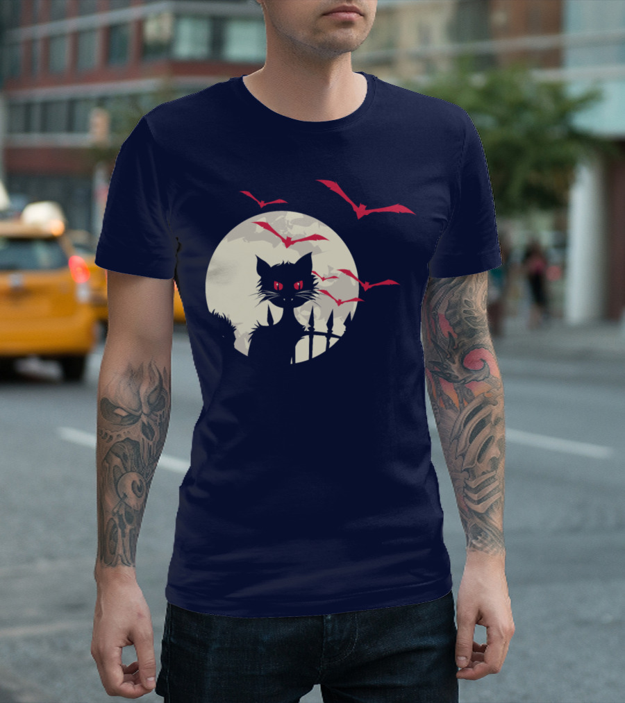 Halloween Cat Moon Bats T-Shirt