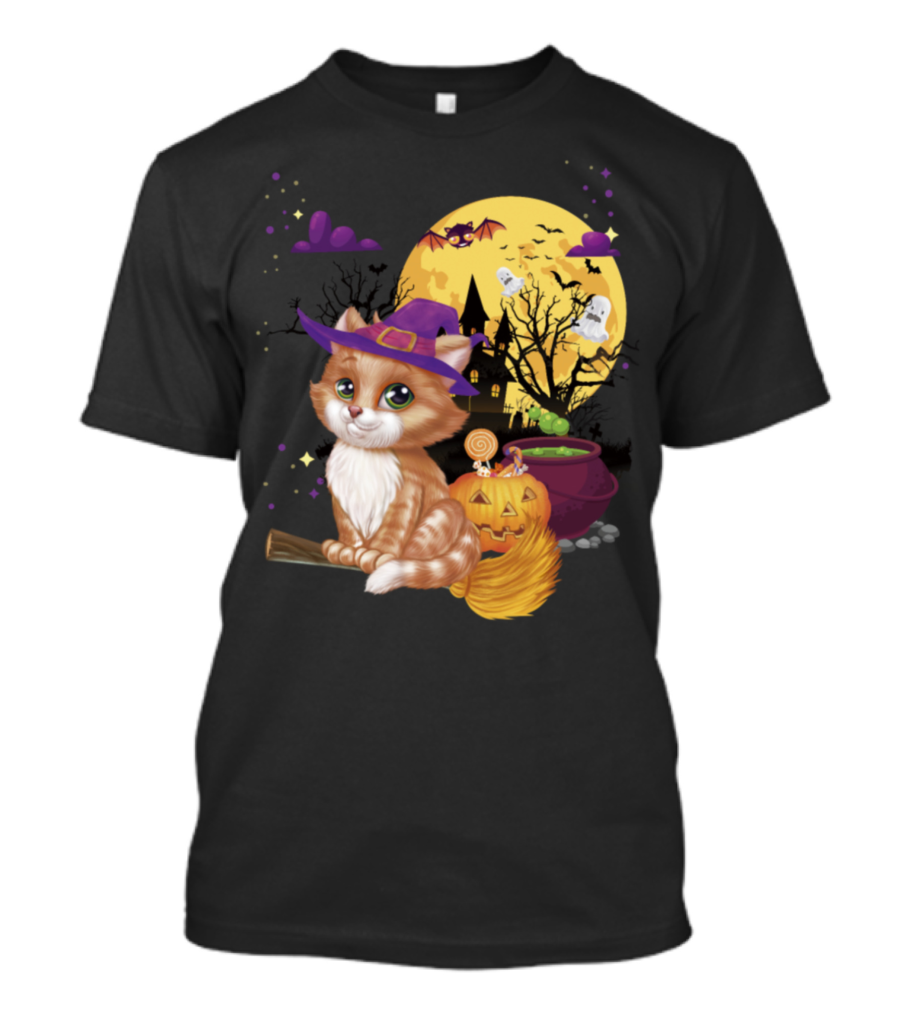 Meow Cat Witch Broom Pumpkin Halloween Moon Bats Ghosts T-Shirt