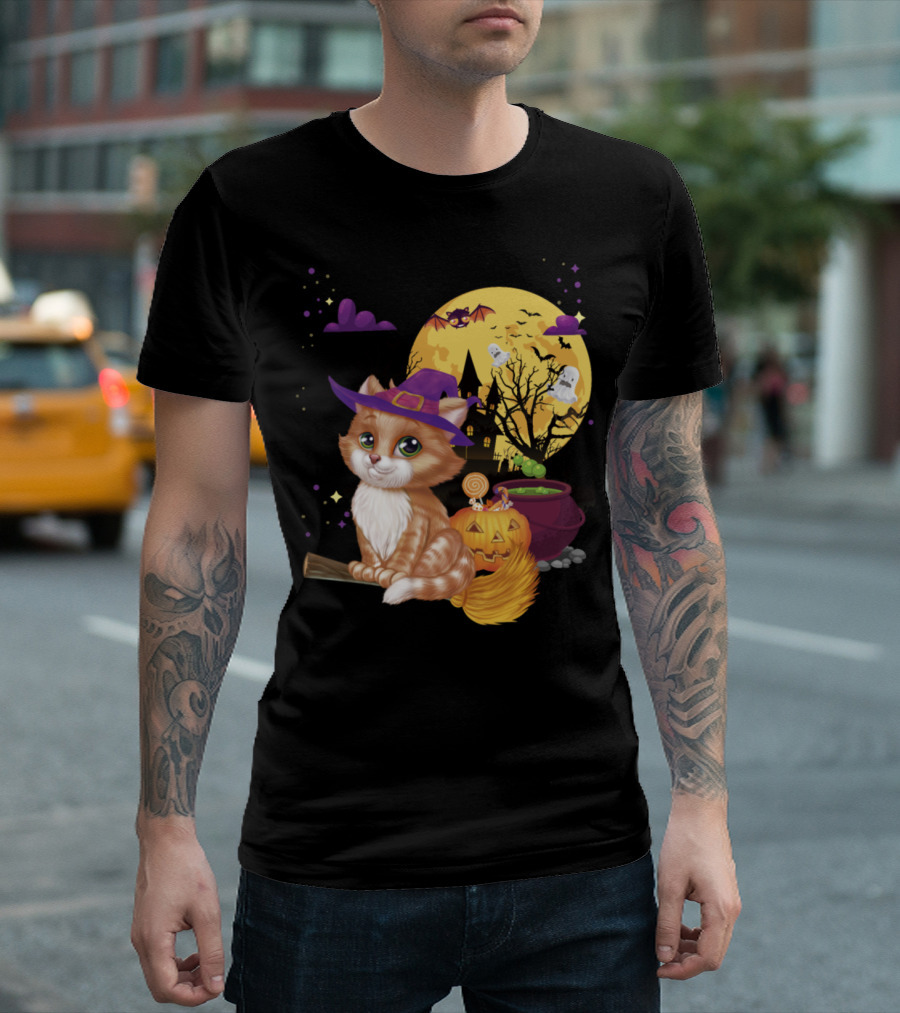 Meow Cat Witch Broom Pumpkin Halloween Moon Bats Ghosts T-Shirt