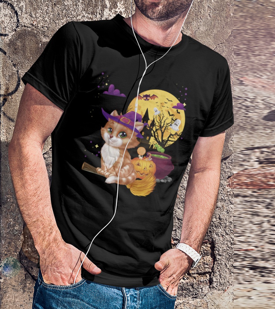 Meow Cat Witch Broom Pumpkin Halloween Moon Bats Ghosts T-Shirt