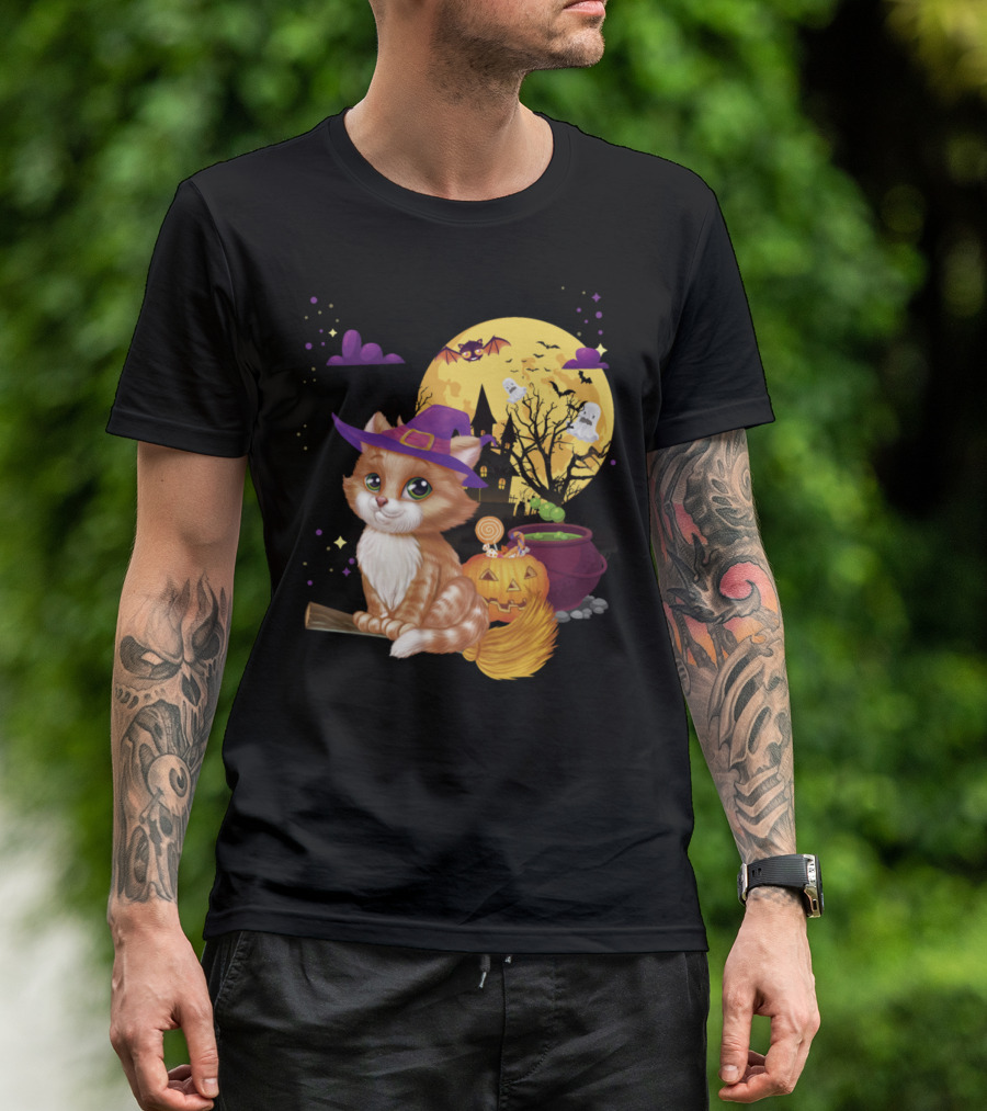 Meow Cat Witch Broom Pumpkin Halloween Moon Bats Ghosts T-Shirt