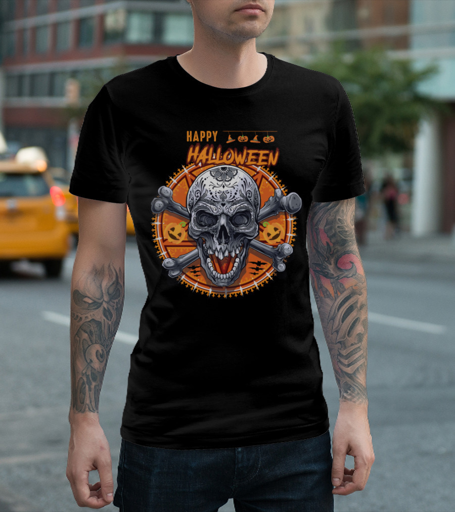 Happy Halloween with Skull and Crossbones and Jack-O'-Lanterns T-Shirt