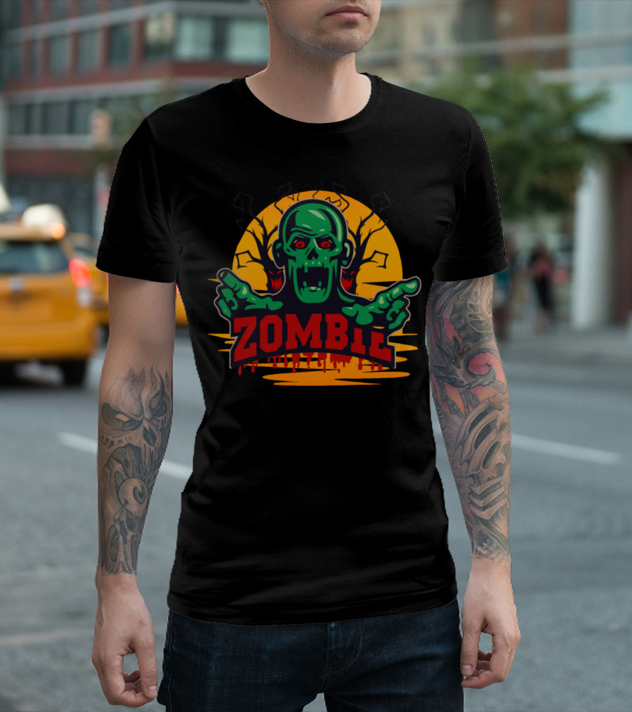 Zombie Halloween Creepy Green Monster With Spooky Trees T-Shirt