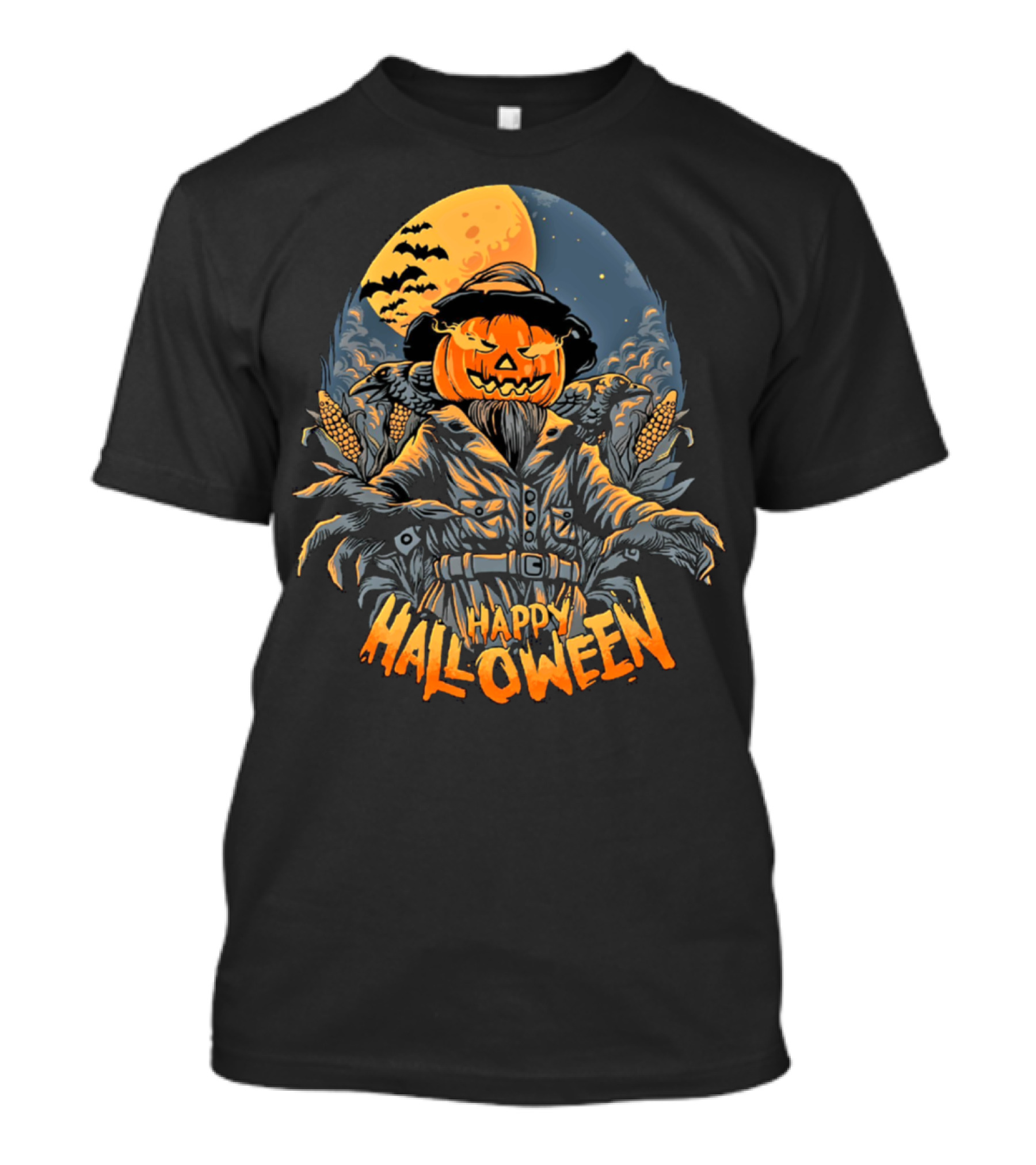 Happy Halloween Pumpkin Head Scarecrow Under Full Moon With Bats And Corn Stalks T-Shirt